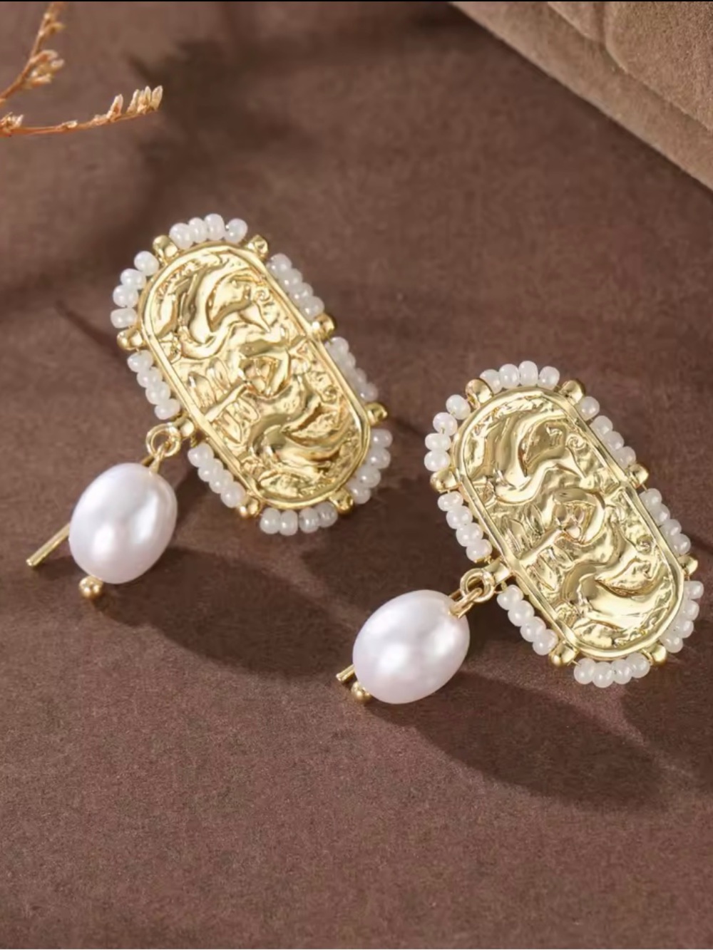 Vintage Pearl Bird Statement Earrings Gold Tone Embossed Romantic Baroque Dangle